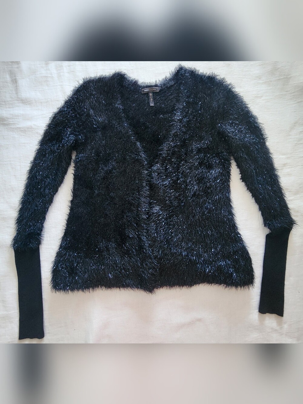 BCBGMAXAZRIA Black Fuzzy Metallic Knit Open Front Cardigan Jacket - Long Ribbed